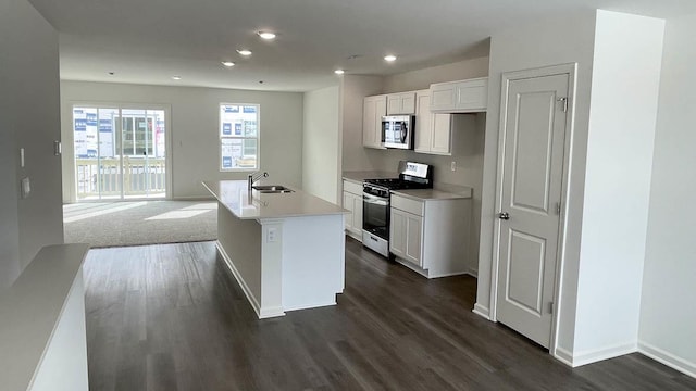 6550 Linden Trl Unit E, Wonder Lake, IL 60097 - kitchen with stainless steel appliances, dark wood finished floors, white cabinets, recessed lighting, and a kitchen island with sink