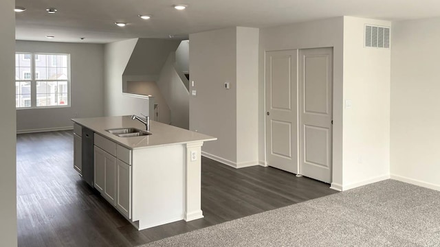 6550 Linden Trl Unit E, Wonder Lake, IL 60097 - kitchen with a center island with sink, dark wood-style floors, light countertops, open floor plan, and recessed lighting
