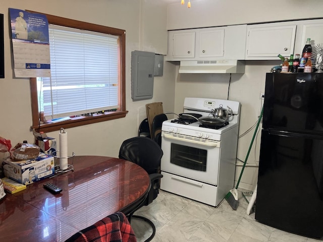 220 S 9th Ave, Maywood, IL 60153 - kitchen with freestanding refrigerator, under cabinet range hood, white gas range, electric panel, and white cabinetry