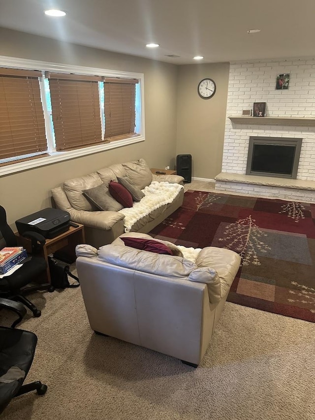 562 Willow Rd, Matteson, IL 60443 - carpeted living area featuring recessed lighting and a brick fireplace