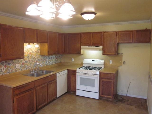 316 Brookwood Trl, Mchenry, IL 60050 - kitchen featuring white appliances, brown cabinets, under cabinet range hood, light countertops, and ornamental molding