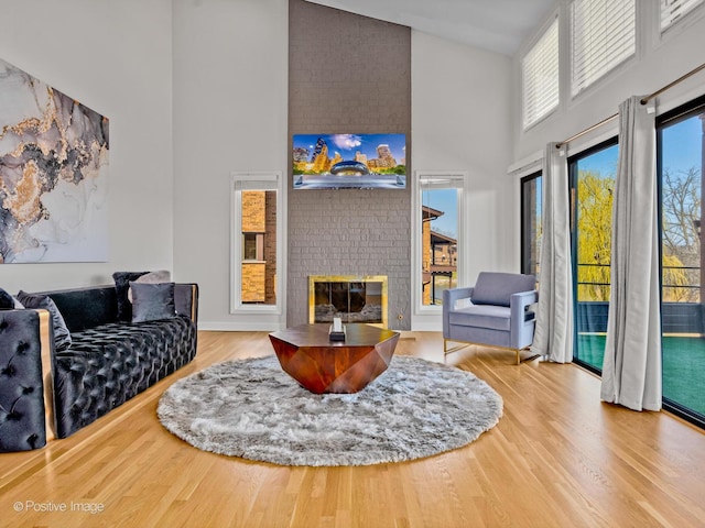 1039 Deerfield Pl Unit 1039, Highland Park, IL 60035 - living room with a high ceiling, wood finished floors, and a fireplace
