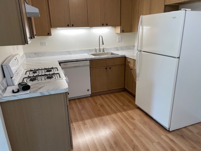 1040 Quanset Ct Unit 1804, Schaumburg, IL 60194 - kitchen with white appliances, light wood-style flooring, light countertops, and extractor fan