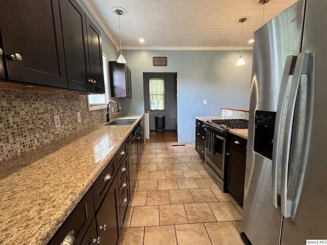 1550 N 2753rd Ln, Loraine, IL 62349 - kitchen with appliances with stainless steel finishes, tasteful backsplash, crown molding, light stone countertops, and light tile patterned flooring
