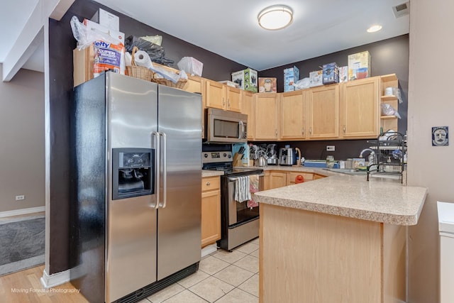 1423 E 68th St Unit 2, Chicago, IL 60637 - kitchen with appliances with stainless steel finishes, light brown cabinets, a peninsula, light countertops, and open shelves