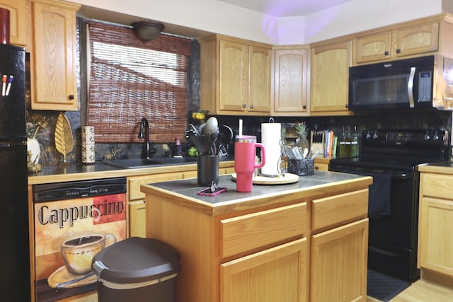 21546 Peterson Ave, Sauk Village, IL 60411 - kitchen with black appliances, light brown cabinetry, decorative backsplash, and a center island