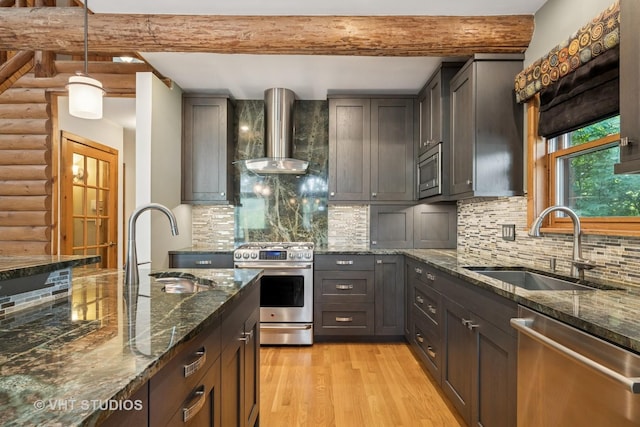 723 N River Rd, Algonquin, IL 60102 - kitchen featuring stainless steel appliances, wall chimney range hood, log walls, light wood-style flooring, and beam ceiling