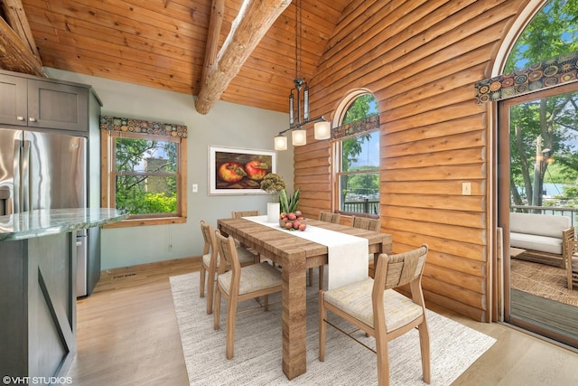 723 N River Rd, Algonquin, IL 60102 - dining area featuring healthy amount of natural light, a wood ceiling with exposed beams, light wood-style flooring, high vaulted ceiling, and rustic walls