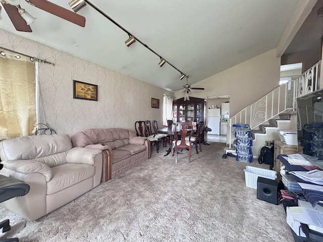 622 N Wisconsin Ave, Villa Park, IL 60181 - carpeted living area featuring a ceiling fan, stairway, track lighting, and lofted ceiling