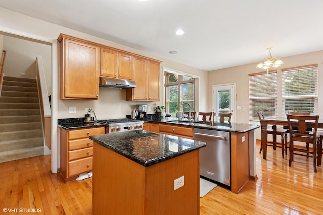2701 Hamman Way, Aurora, IL 60502 - kitchen featuring a peninsula, light wood-style floors, dishwasher, a center island, and a chandelier