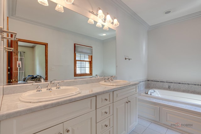 520 Holdridge Ave, Winthrop Harbor, IL 60096 - bathroom featuring double vanity, crown molding, tile patterned flooring, and a bath