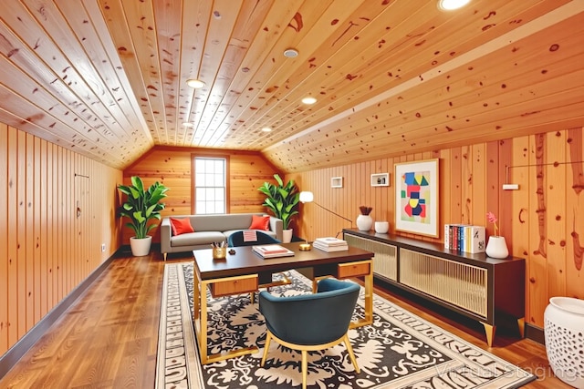 520 Holdridge Ave, Winthrop Harbor, IL 60096 - office area featuring wood finished floors, wooden walls, lofted ceiling, and wooden ceiling