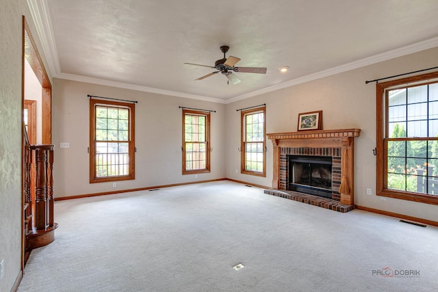520 Holdridge Ave, Winthrop Harbor, IL 60096 - unfurnished living room featuring a fireplace, carpet, a ceiling fan, and ornamental molding