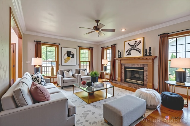 520 Holdridge Ave, Winthrop Harbor, IL 60096 - living area featuring ceiling fan, wood finished floors, a brick fireplace, and crown molding