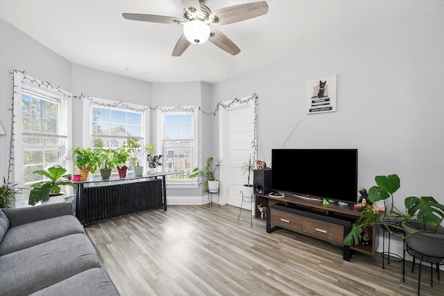 1637 N Keeler Ave, Chicago, IL 60639 - living area with radiator heating unit, wood finished floors, and ceiling fan
