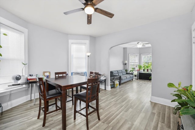 1637 N Keeler Ave, Chicago, IL 60639 - dining room with a ceiling fan, arched walkways, and light wood finished floors