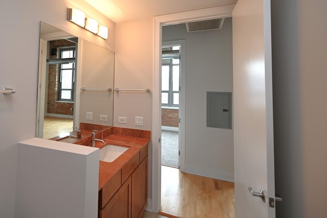 770 W Gladys Ave Unit 606, Chicago, IL 60661 - bathroom with wood finished floors, vanity, and electric panel