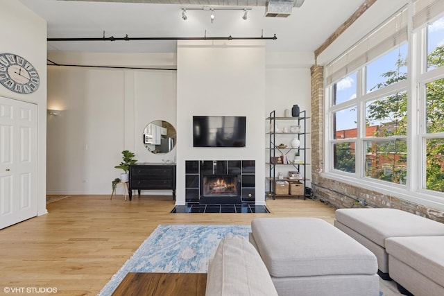 1907 N Milwaukee Ave Unit 307, Chicago, IL 60647 - living area featuring track lighting, wood finished floors, and a tiled fireplace