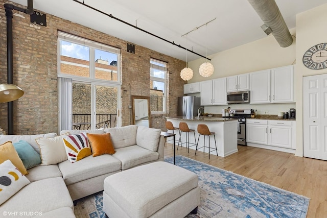1907 N Milwaukee Ave Unit 307, Chicago, IL 60647 - living room featuring brick wall, a towering ceiling, rail lighting, and light wood-style flooring