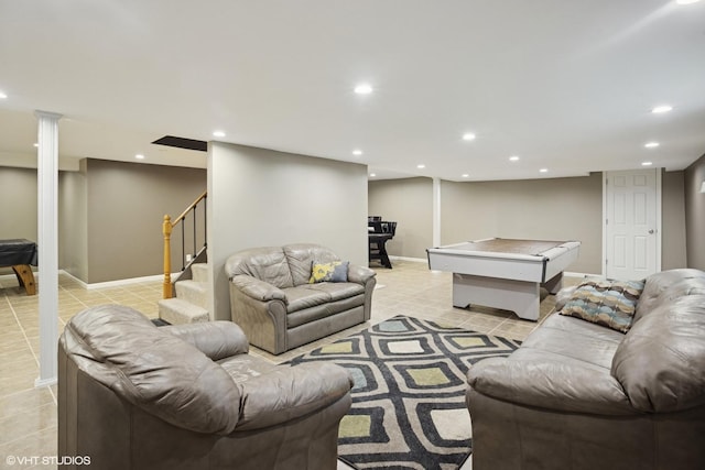 523 N Ela Rd, Barrington, IL 60010 - living room with recessed lighting, light tile patterned floors, billiards, and stairway