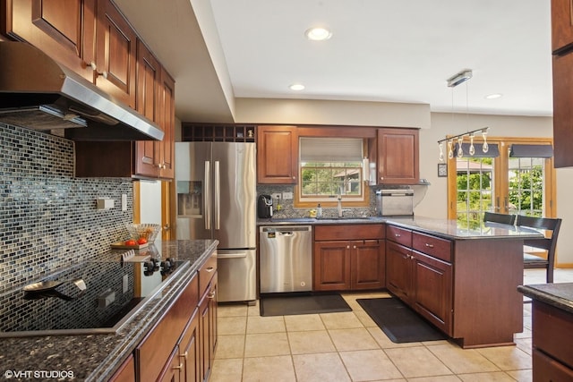 523 N Ela Rd, Barrington, IL 60010 - kitchen featuring appliances with stainless steel finishes, under cabinet range hood, backsplash, a peninsula, and recessed lighting