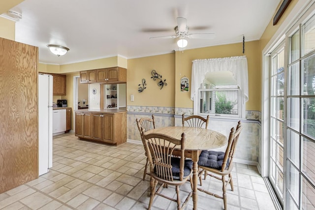 859 S Mount Prospect Rd, Des Plaines, IL 60016 - dining space with ceiling fan, wainscoting, and crown molding