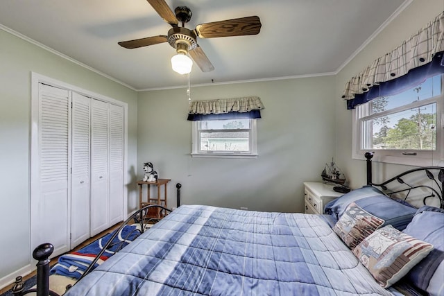 859 S Mount Prospect Rd, Des Plaines, IL 60016 - bedroom with multiple windows, a closet, ornamental molding, and a ceiling fan