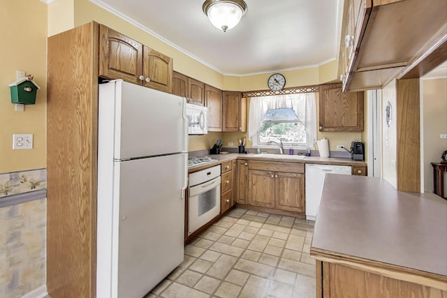 859 S Mount Prospect Rd, Des Plaines, IL 60016 - kitchen with white appliances, crown molding, light stone finish flooring, brown cabinets, and light countertops