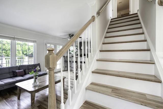 2004 Pine Dr, Mchenry, IL 60051 - stairway featuring a ceiling fan, crown molding, and wood finished floors
