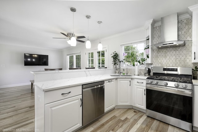 2004 Pine Dr, Mchenry, IL 60051 - kitchen with appliances with stainless steel finishes, light wood-style flooring, a peninsula, a ceiling fan, and white cabinets