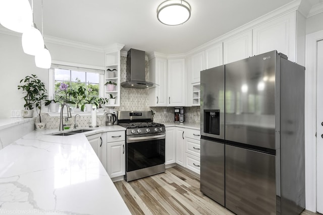 2004 Pine Dr, Mchenry, IL 60051 - kitchen with stainless steel appliances, open shelves, wall chimney range hood, white cabinets, and tasteful backsplash