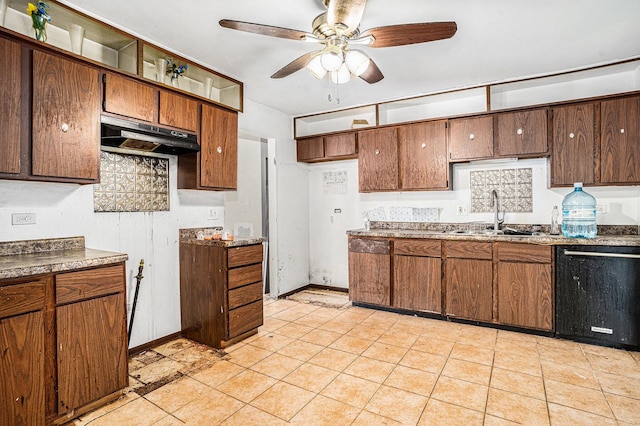3038 225th St, Sauk Village, IL 60411 - kitchen with dishwasher, a ceiling fan, under cabinet range hood, and light tile patterned floors