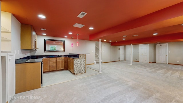 1291 White Chapel Ln, Algonquin, IL 60102 - kitchen featuring open floor plan, dark countertops, recessed lighting, light carpet, and a peninsula
