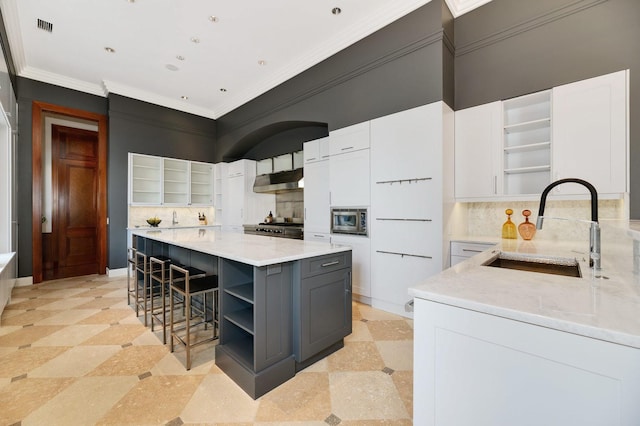 189 E Lake Shore Dr Unit Ph18, Chicago, IL 60611 - kitchen with open shelves, white cabinets, a breakfast bar area, light stone countertops, and crown molding