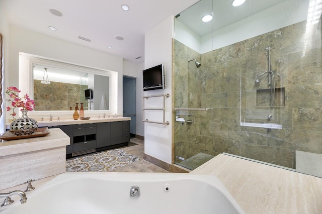 189 E Lake Shore Dr Unit Ph18, Chicago, IL 60611 - full bath featuring a bath, a stall shower, double vanity, and recessed lighting