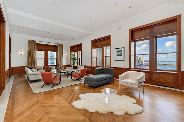 189 E Lake Shore Dr Unit Ph18, Chicago, IL 60611 - living room with ornamental molding and wainscoting