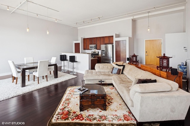 1524 S Sangamon St Unit 802, Chicago, IL 60608 - living area featuring dark wood finished floors, track lighting, and a high ceiling