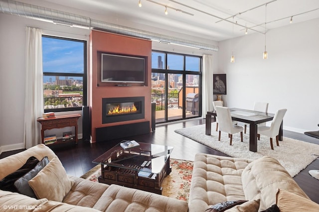 1524 S Sangamon St Unit 802, Chicago, IL 60608 - living area featuring rail lighting, a fireplace, and wood finished floors