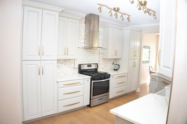 5451 Elizabeth Pl Unit 0, Rolling Meadows, IL 60008 - kitchen with stainless steel range with gas cooktop, wall chimney range hood, backsplash, light wood-style flooring, and white cabinetry