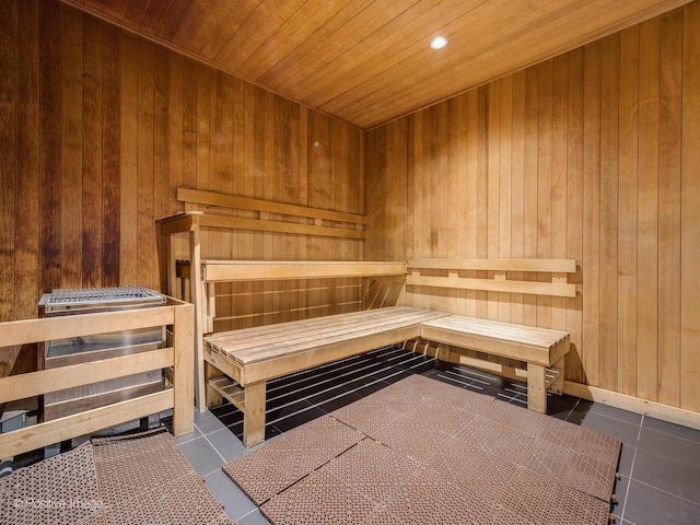225 N Columbus Dr Unit 7207, Chicago, IL 60601 - sauna / steam room with wood ceiling, wooden walls, tile patterned flooring, and recessed lighting