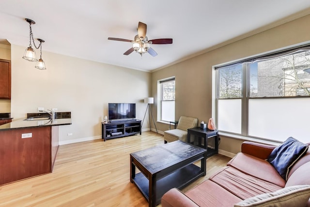 1949 N Whipple St Unit 1, Chicago, IL 60647 - living room featuring ceiling fan, light wood-type flooring, and crown molding