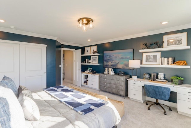 25452 W Stockwell Dr, Plainfield, IL 60544 - bedroom featuring crown molding, light colored carpet, a closet, built in desk, and recessed lighting