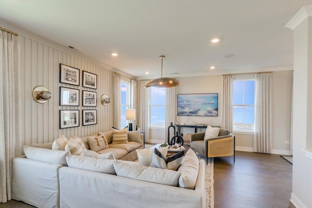 25452 W Stockwell Dr, Plainfield, IL 60544 - living area featuring wood finished floors, healthy amount of natural light, ornamental molding, and recessed lighting