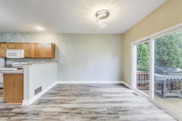 574 S Jade Ln, Round Lake, IL 60073 - kitchen featuring light countertops, light wood finished floors, white appliances, brown cabinets, and a peninsula