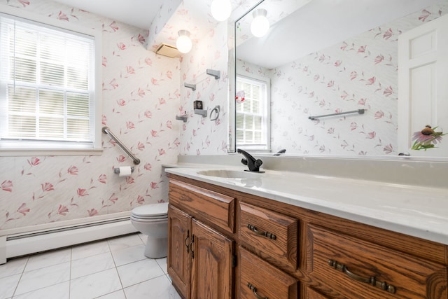 5113 W 79th Pl, Burbank, IL 60459 - bathroom featuring vanity, a baseboard radiator, tile patterned floors, and wallpapered walls