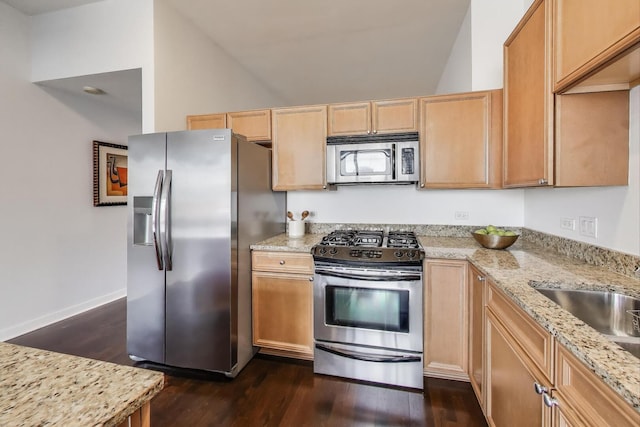 901 W Madison St Unit 609, Chicago, IL 60607 - kitchen with stainless steel appliances, dark wood finished floors, light stone counters, light brown cabinetry, and lofted ceiling
