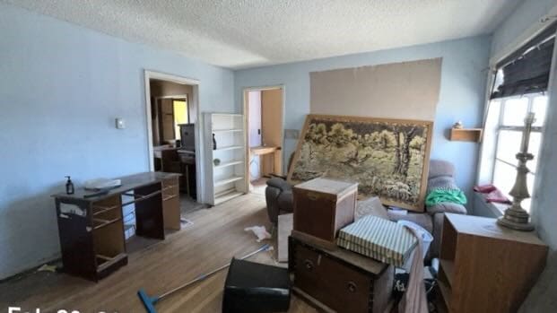 bedroom with wood finished floors and a textured ceiling