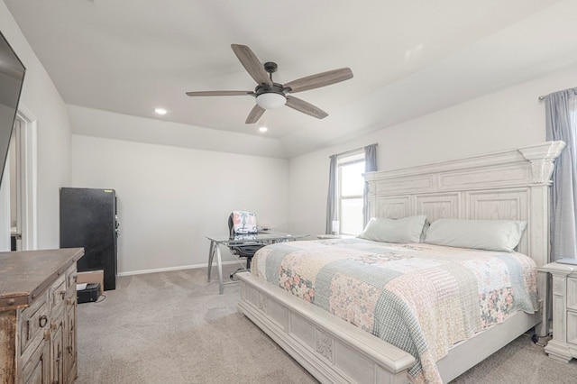 bedroom featuring recessed lighting, baseboards, a ceiling fan, and light colored carpet