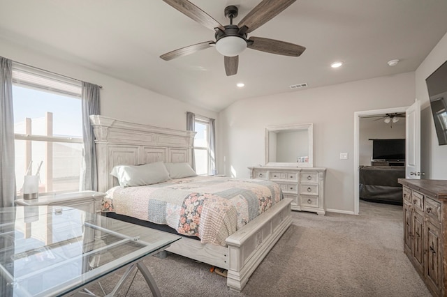 bedroom with visible vents, a ceiling fan, light colored carpet, lofted ceiling, and recessed lighting