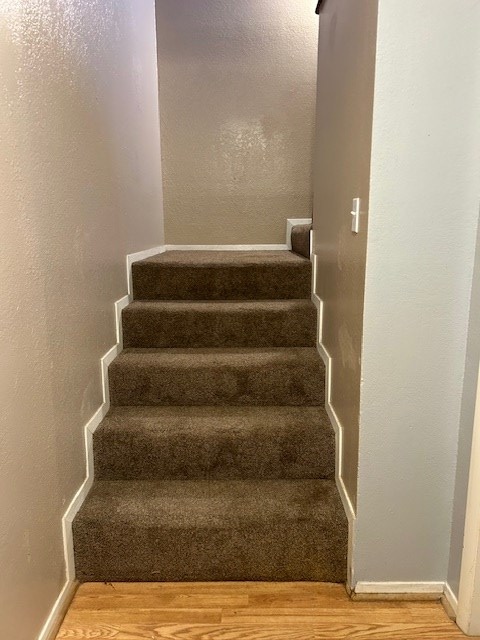 staircase with wood finished floors and baseboards